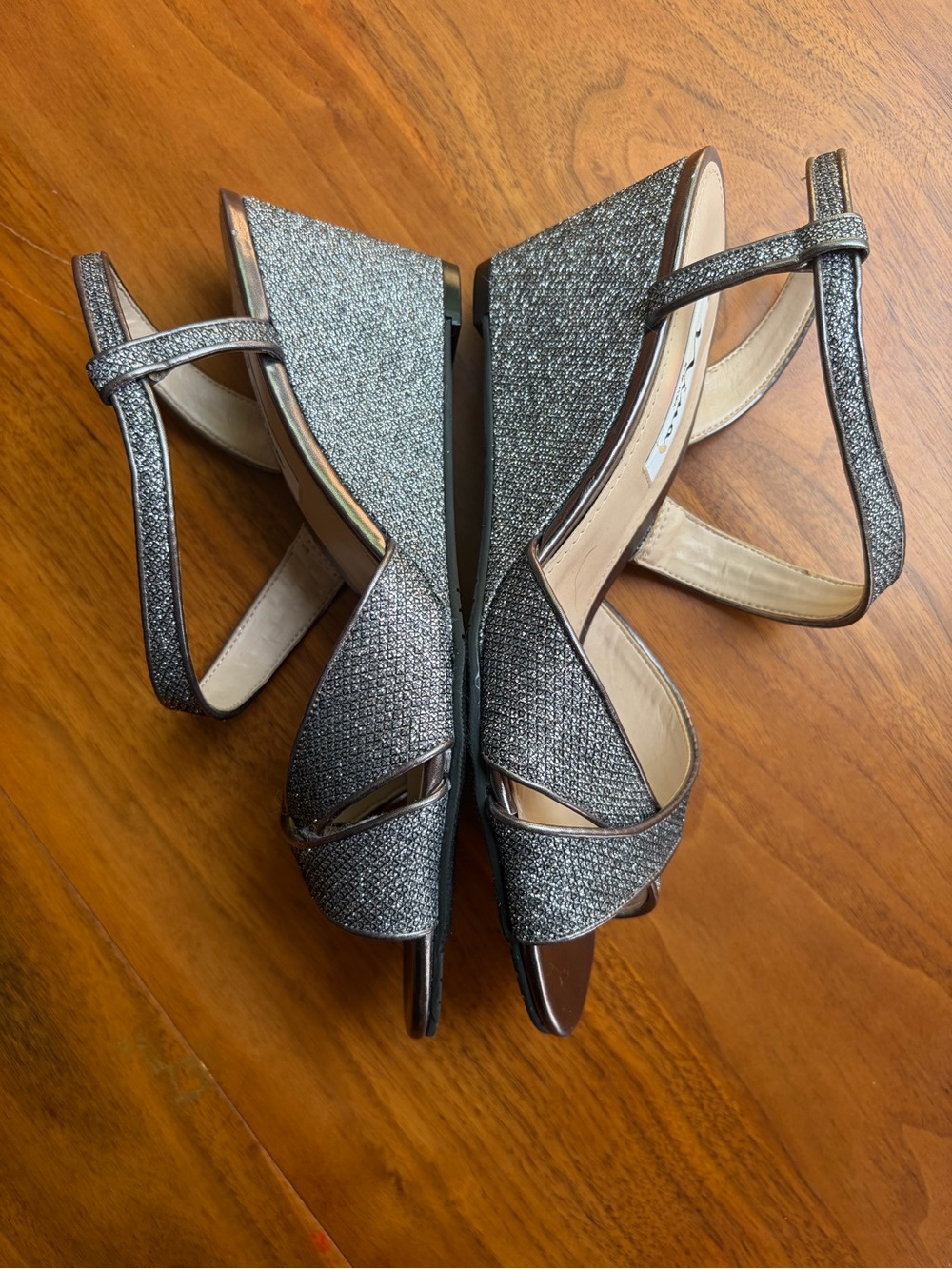 Nina New York Pewter Glitter Strappy Wedge Sandals Heels Size 8.5M
